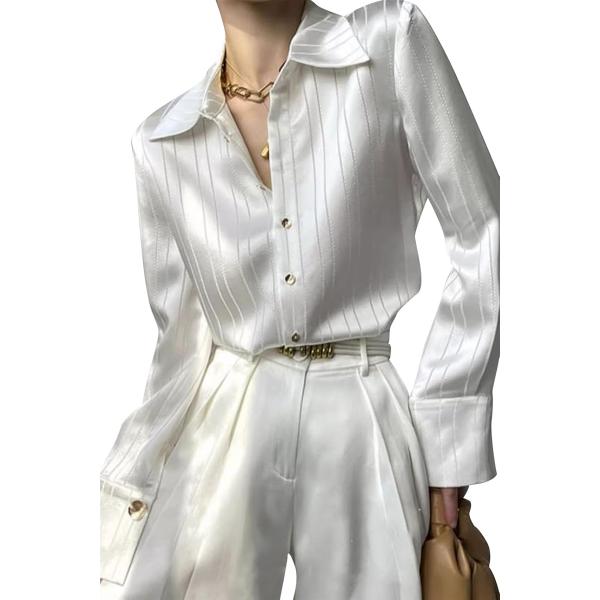 シャツ レディース ストライプシャツ 長袖 白 黒 オフィス エレガント 高級(ホワイト,  M)