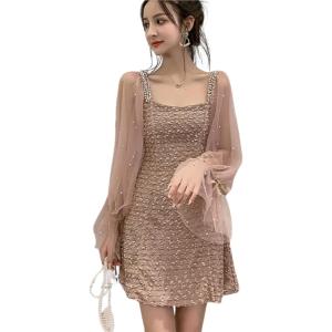 シースルー シフォンスリーブ パールビジュー スクウェア ミニワンピース フレアスカート 着痩せ キ...