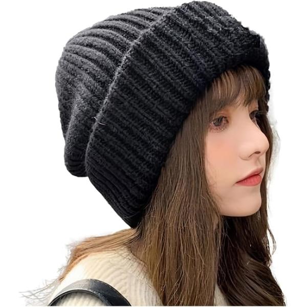 ゆったりニット帽 レディース 大きいサイズ 柔らかい 厚手 暖かい CY101(ブラック,  50....