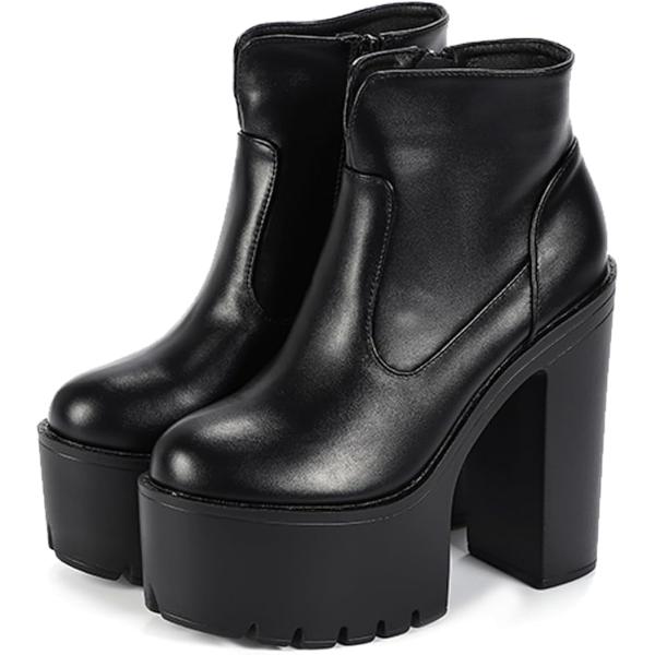 ショートブーツ レディース アンクルブーツ 厚底 太ヒール 15cm サイドジップ 38(ブラック,...