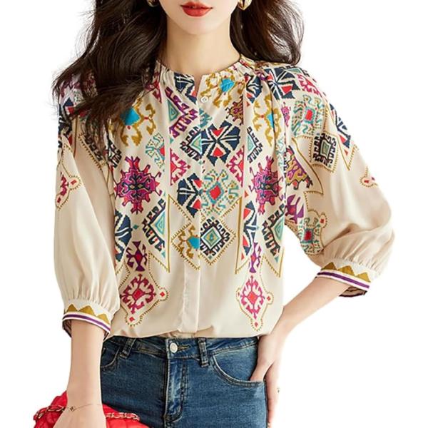 ブラウス レディース シフォン プルオーバー ラウンドネック 幾何学プリント ゆったり ７分袖 細見...