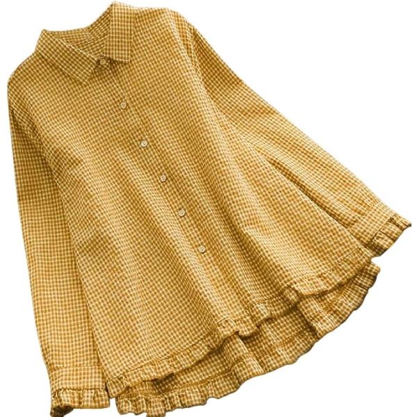 長袖 チェック柄 ブラウス レディース シフォン チュニック 襟なし イエロー(ギンガムチェック柄イ...