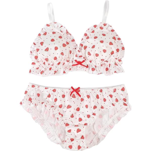 大きいサイズ ゆめかわ フリフリ ノンワイヤー ブラ ショーツ セット(苺・ホワイト,  M)