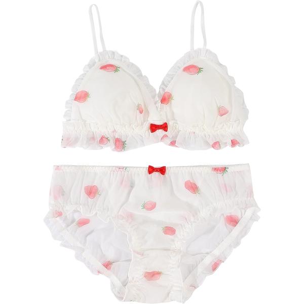 大きいサイズ ゆめかわ フリフリ ノンワイヤー ブラ ショーツ セット(シースルーホワイト・イチゴ,...