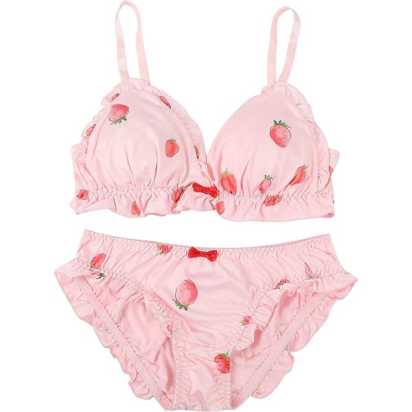 大きいサイズ ゆめかわ フリフリ ノンワイヤー ブラ ショーツ セット(ピンク・イチゴ,  M)