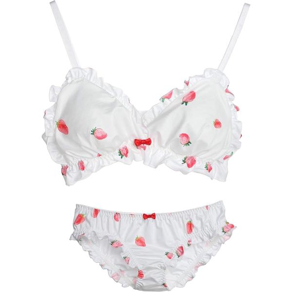大きいサイズ ゆめかわ フリフリ ノンワイヤー ブラ ショーツ セット(ホワイト・イチゴ,  M)