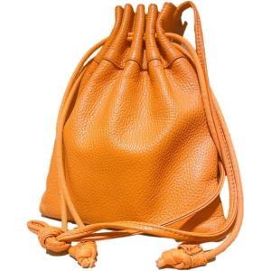日本製本革 巾着バッグ 金着 きんちゃく イタリアンレザー ショルダーバッグ レディース メンズ ユニセックス 軽量 (橙色, 小型)