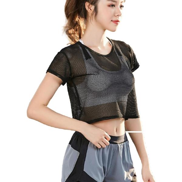 メッシュ T シャツ 半袖 ヨガ ダンス フィットネス ウェア 無地 クルー ネック レディース ト...