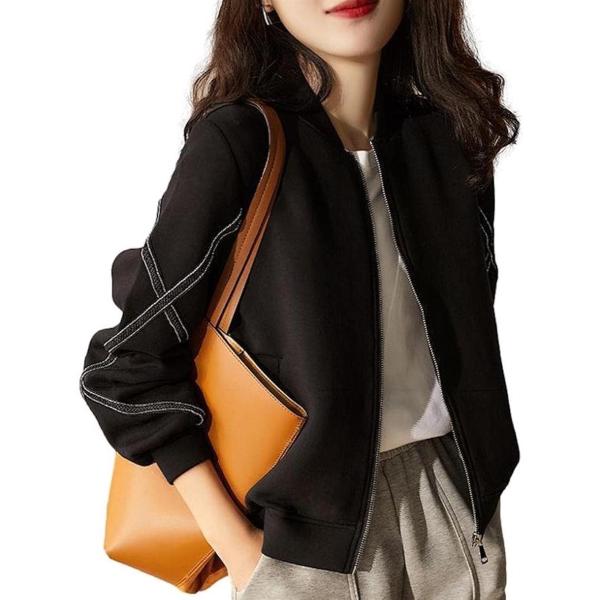 ジップアップブルゾン レディース クロスデザイン袖 ショート丈 アウター オーバーサイズ 裏地なし ...