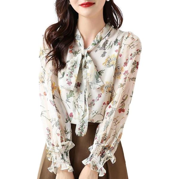 花柄ボウタイブラウス シフォン素材 ふんわり袖 袖口ギャザー 裏地有り 長袖 フェミニン シースルー...