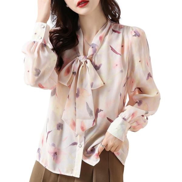 花柄ボウタイブラウス シフォン素材 カワイイ オシャレトップス JS77-WH-S(ホワイト,  S...