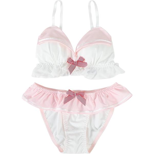 大きいサイズ ゆめかわ フリフリ ノンワイヤー ブラ ショーツ セット(セーラー服風ピンク,  M)