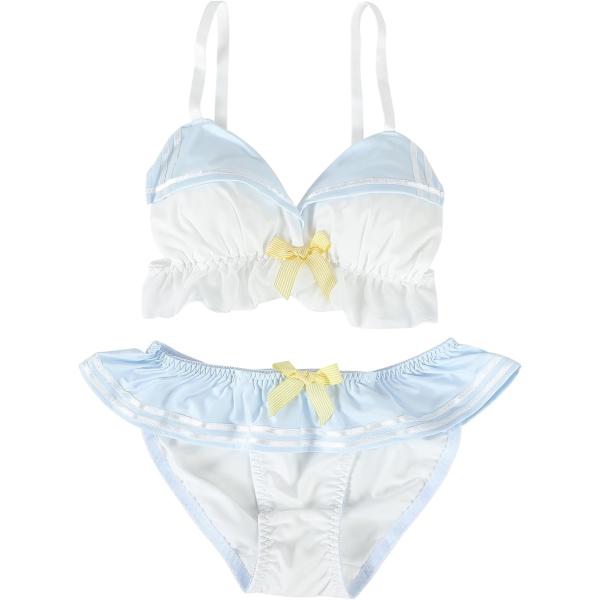 大きいサイズ ゆめかわ フリフリ ノンワイヤー ブラ ショーツ セット(セーラー服風ブルー,  L)