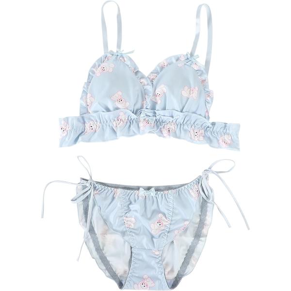大きいサイズ ゆめかわ フリフリ ノンワイヤー ブラ ショーツ セット(ウサギ・ブルー,  L)