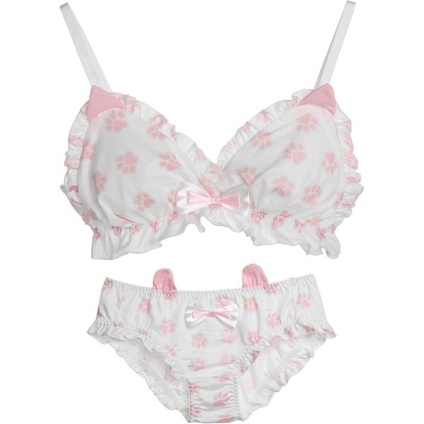大きいサイズ ゆめかわ フリフリ ノンワイヤー ブラ ショーツ セット(ホワイト・ピンク,  M)