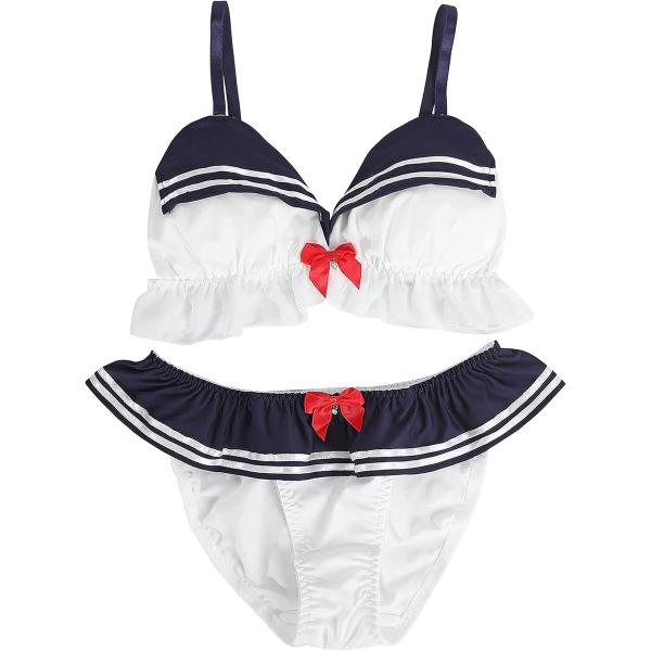 大きいサイズ ゆめかわ フリフリ ノンワイヤー ブラ ショーツ セット(セーラー服風,  M)