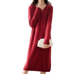 ニットワンピース レディース ロング丈 Vネック タイト リブ 長袖 (レッド,  Free Siz...