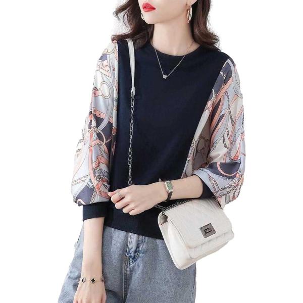 ドルマンスリーブ レディース 長袖 ブラウス トップス スカーフ柄(ネイビー,  2XL)