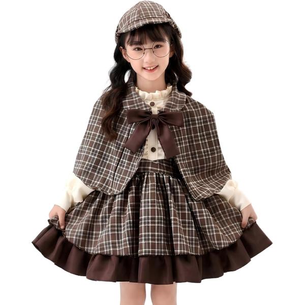 コスプレ 探偵 衣装 女の子 ワンピース ケープ ハロウィン 5点セット MDM (ライトブラウン,...