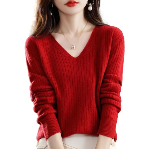 ニット レディース Vネック セーター 長袖 トップス 上品 リブ きれいめ 婦人服 お洒落 可愛い...