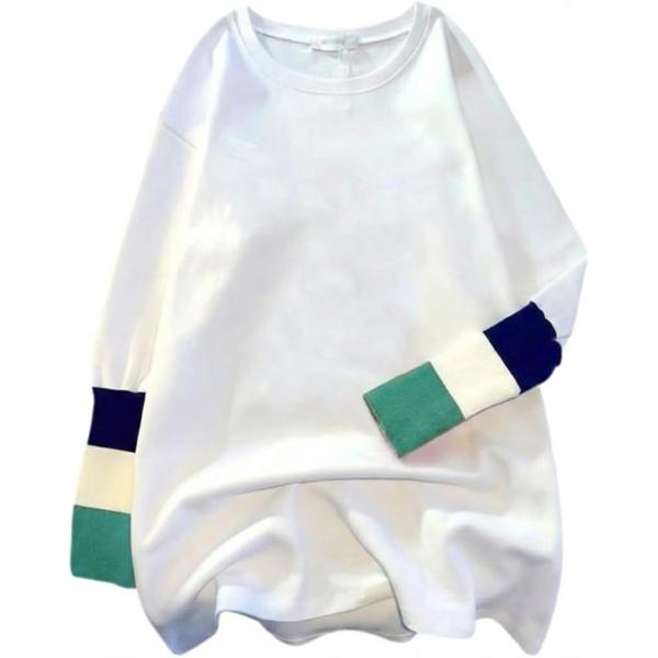 長袖 Tシャツ レディース ロンT 袖口 配色 ボーダー ゆったり トップス (グリーン,  XL)