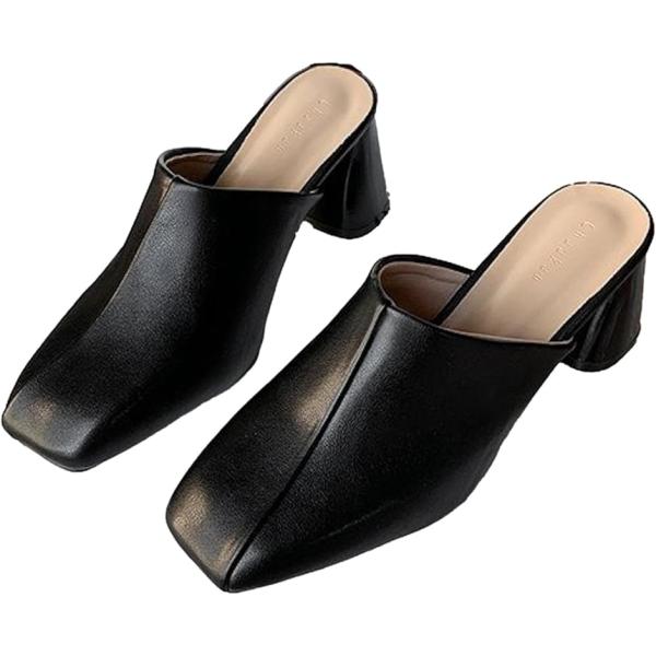 ミュール ヒール レディース チャンキーヒール 黒 スクエアトゥ 履きやすい 高見え 通勤 人気 可...