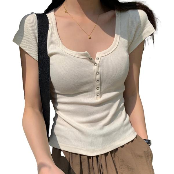 Uネック 半袖 Tシャツ リブ フロント ボタン レディース カットソー トップス 無地 カジュアル...