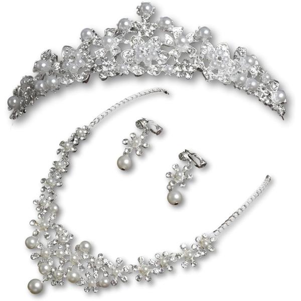 パールティアラ ネックレス イヤリング ピアス 3点セット 花冠 結婚式 (シルバー(ティアラ、ネッ...