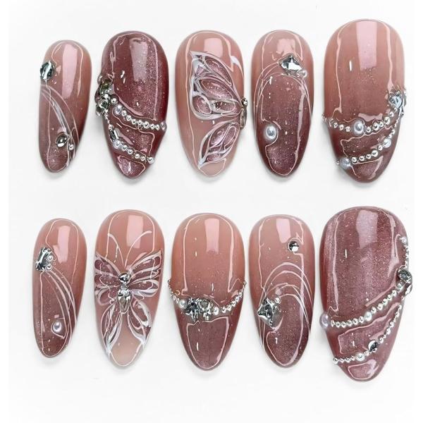 ネイルチップ マグネットネイル ワインブラウン オーバル ミディアム 24枚セット パール ストーン...