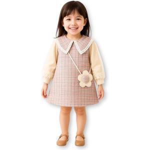 キッズ ワンピース ピンク チェック柄 飾り花ポシェット 袖刺繍レース 入園式 フォーマル 発表会 ...