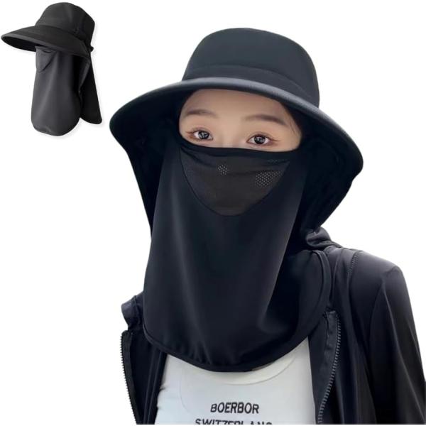UPF50+・360度UVカットレディース 日よけ帽子 フェイスカバー取外可 通気性メッシュ(ブラッ...