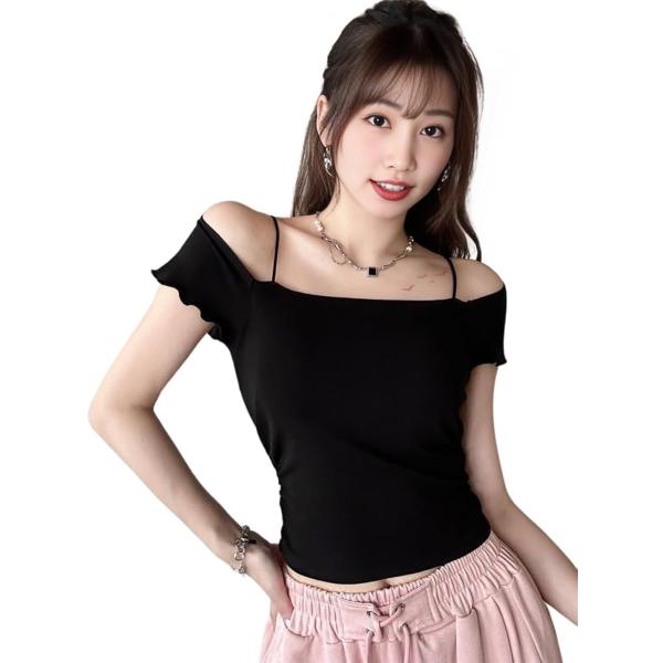 レディース カップ付き トップス カットソー クロップド オフショルダー かわいいオフショル(ブラッ...