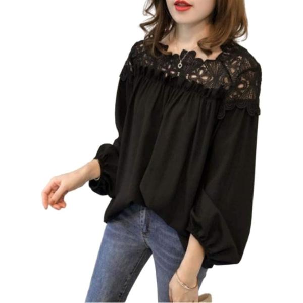 レッドレイ ブラウス レース シフォン 長袖 トップス カットソー レディース (ブラック,  M)