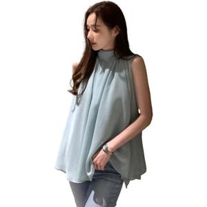 ブルーベリル シフォンブラウス レディース ギャザーブラウス ノースリーブ スタンドカラー バックリ...