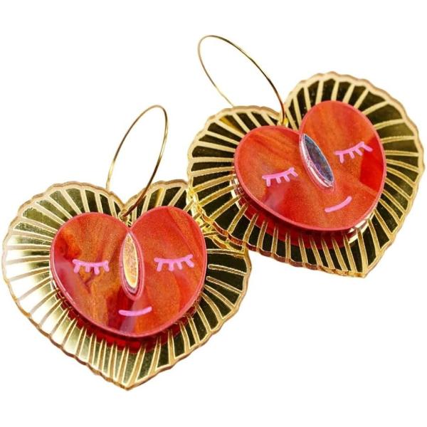 Sacred Heart Earrings 手描き模様と煌めくミラーの個性派 ハート ピアス セット...