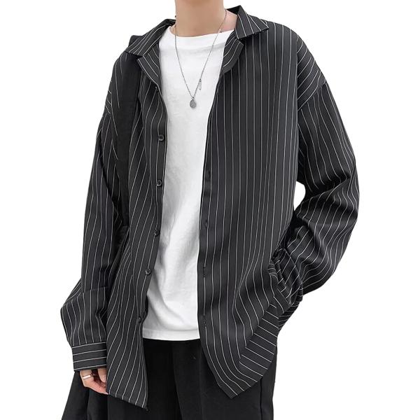 長袖 シャツ オープン カラー ストライプ ワイシャツ メンズ 男性 用 春 夏 秋 冬 服 物 (...