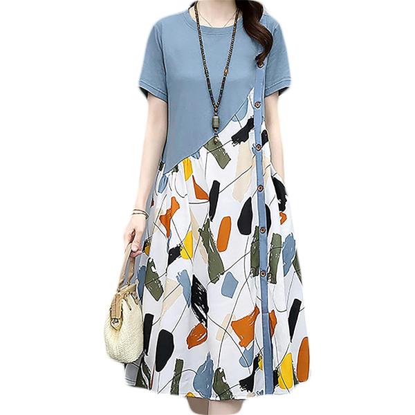 ベイブスター レディース カジュアル ワンピース 半袖 ゆったり 切り替え ミドル丈 (ブルー,  ...