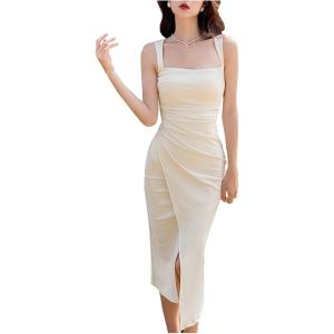 スクエアネック タイトワンピース キャバドレス 膝丈 ミモレ丈 スリット 演奏会 パーティードレス(...