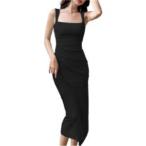 スクエアネック タイトワンピース キャバドレス 膝丈 ミモレ丈 スリット 演奏会 パーティードレス(...