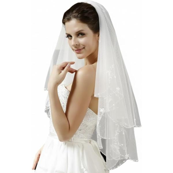 ウェディングベール 花嫁ベール ショート丈 レース 2層 コーム付き ブライダルベール 結婚式 (ホ...