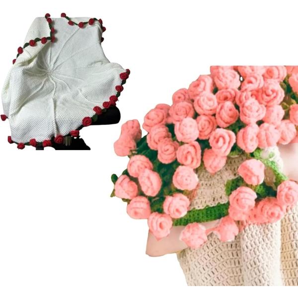 花束になるブランケット ブーケ フラワー かわいい 毛糸 バラ 編み物 鍵針 柔らかい (ピンクxベ...
