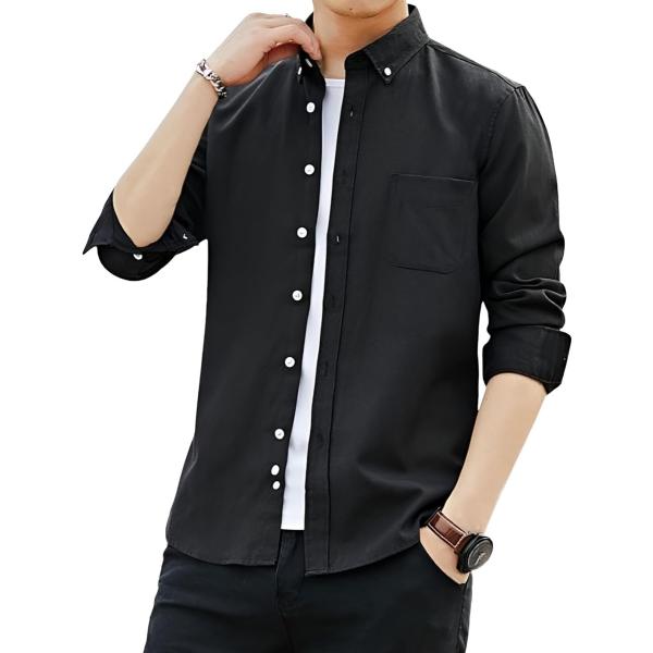 メンズ シャツ 長袖 ゆったり シンプル 無地 カジュアル フォーマル ボタンダウン (ブラック, ...