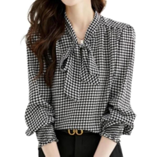 レディース トップス ブラウス シャツ ボウタイ リボン 長袖 千鳥 格子 柄 韓国 きれいめ おし...