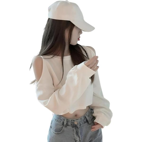 レディース オフソルダー トップス 肩開き Y2K ショート丈トレーナー 長袖 プルオーバー クルー...