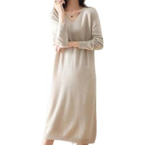 ニットワンピース レディース ロング丈 Vネック タイト リブ 長袖 (オフホワイト,  Free ...