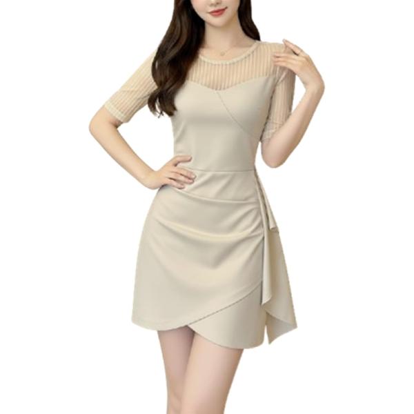 ワンピース レディース ドレス タイト ミニ丈 ストライプ シースルー袖 上品 パーティー 二次会 ...