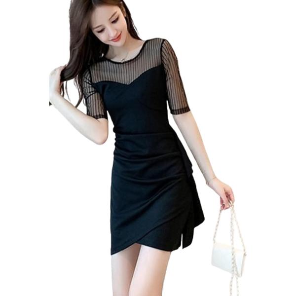 ワンピース レディース ドレス タイト ミニ丈 ストライプ シースルー袖 上品 パーティー 二次会 ...