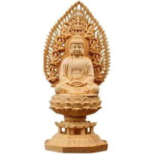 仏像 釈迦如来 桧木製 木彫り 飛天光背 曹洞宗 臨済宗 日蓮宗 悩み 祈る MDM (ベージュ, 高さ28cmx巾12cmx奥行12cm)