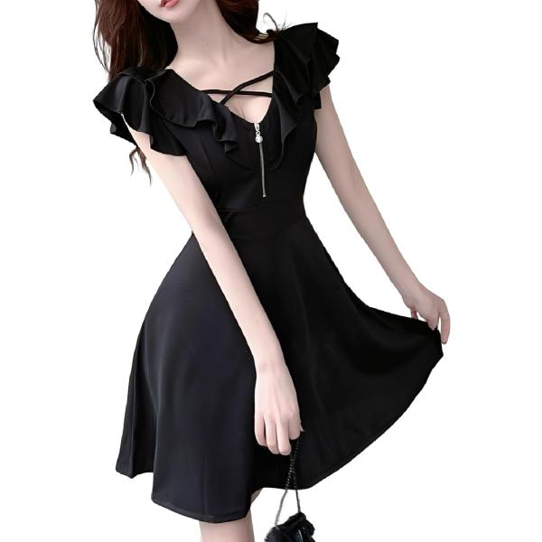 フリル ワンピース セクシー 胸元 ジップ フレア ミニ ドレス キャバ レディース (TYPE(1...