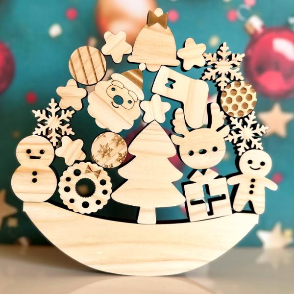 国産紀州熊野ひのき使用・クリスマス積む積む　　積み木 バランス ゲーム 知育 おもちゃ クリスマスプ...